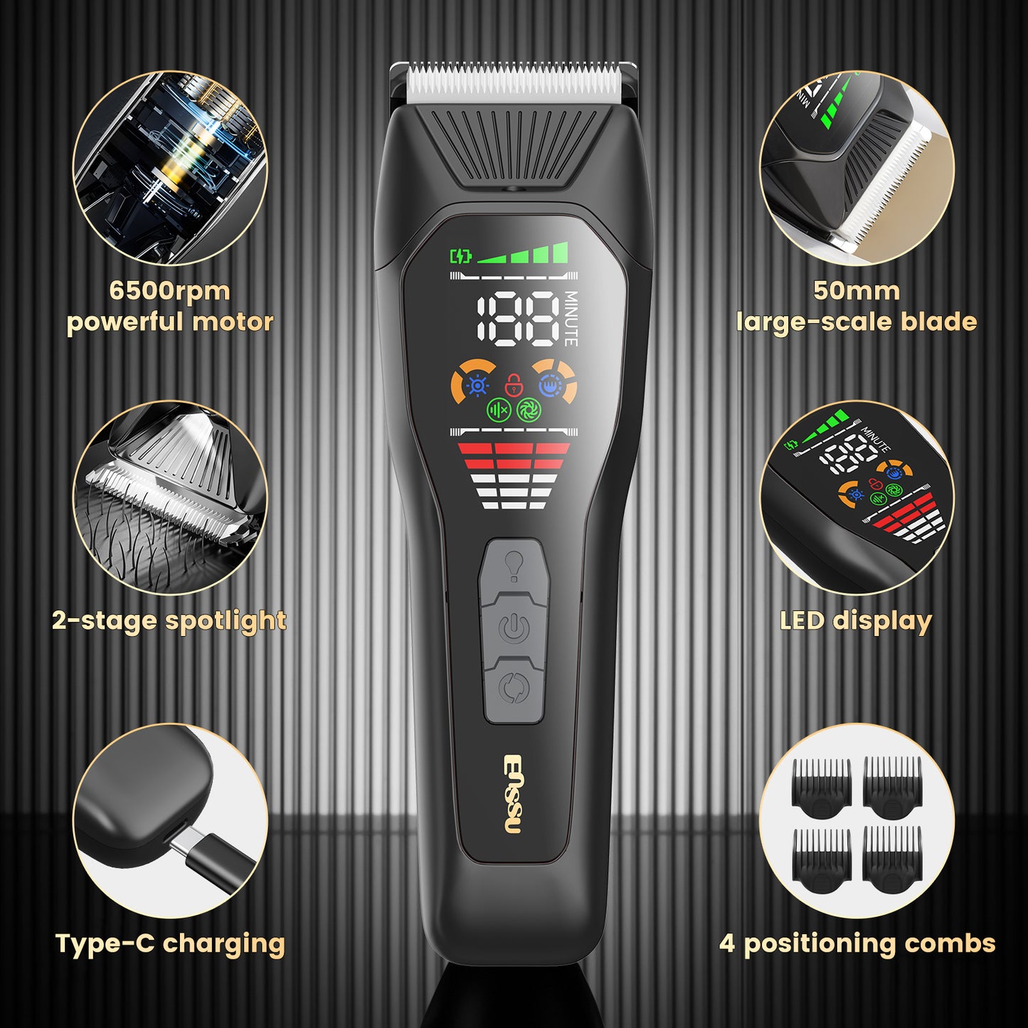 Professional  6500rpm powerful motor, 2-stage rotation Men Hair Clippers  large LED screen, safety lock Hair Trimmer