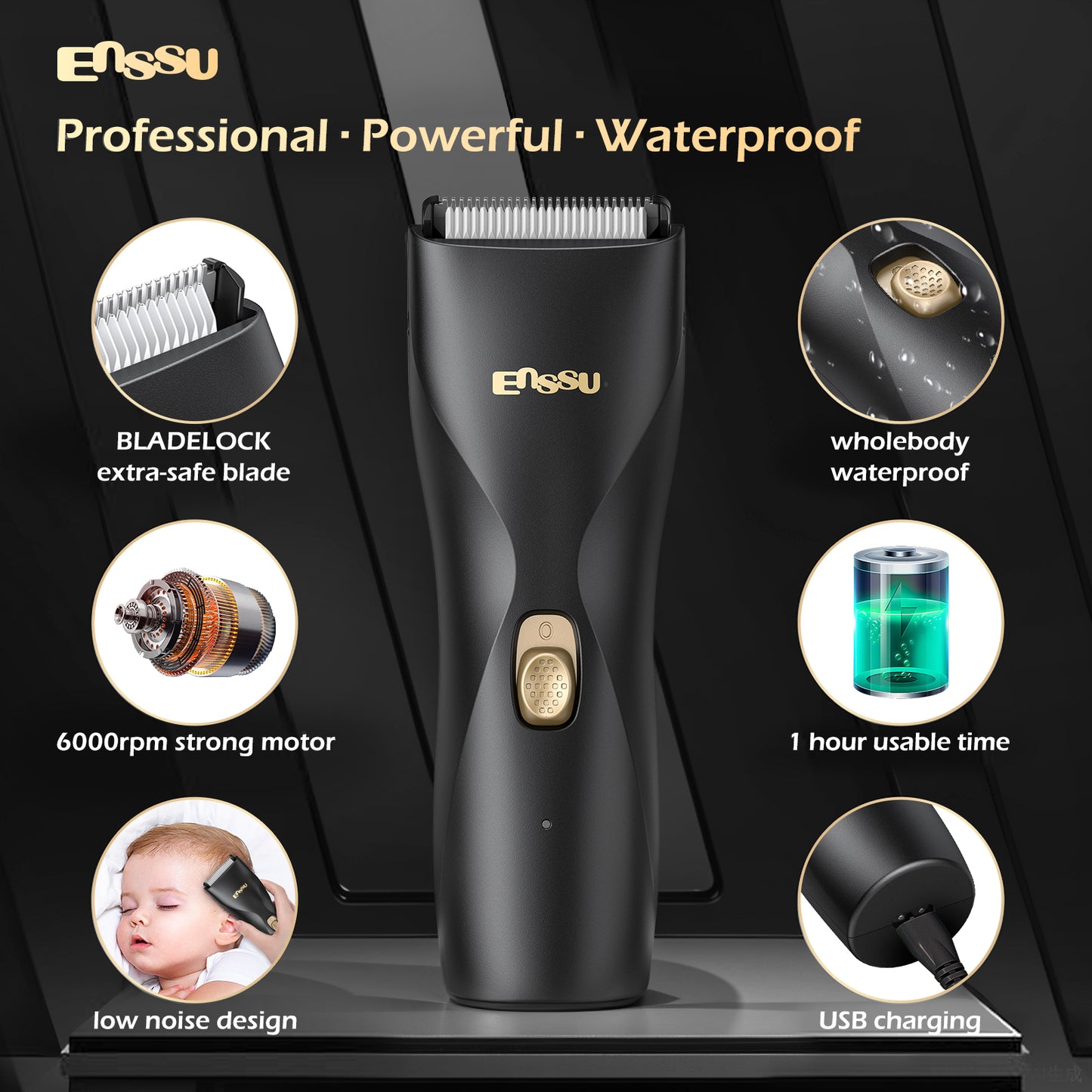 ENSSU Hair Clippers, Ball Trimmer, Waterproof Men Body Hair Trimmer, Cordless Hair Cutting Kit for Head, Rechargeable Home Barber Haircut Trimmer for Kids/Men/Boys/Adults